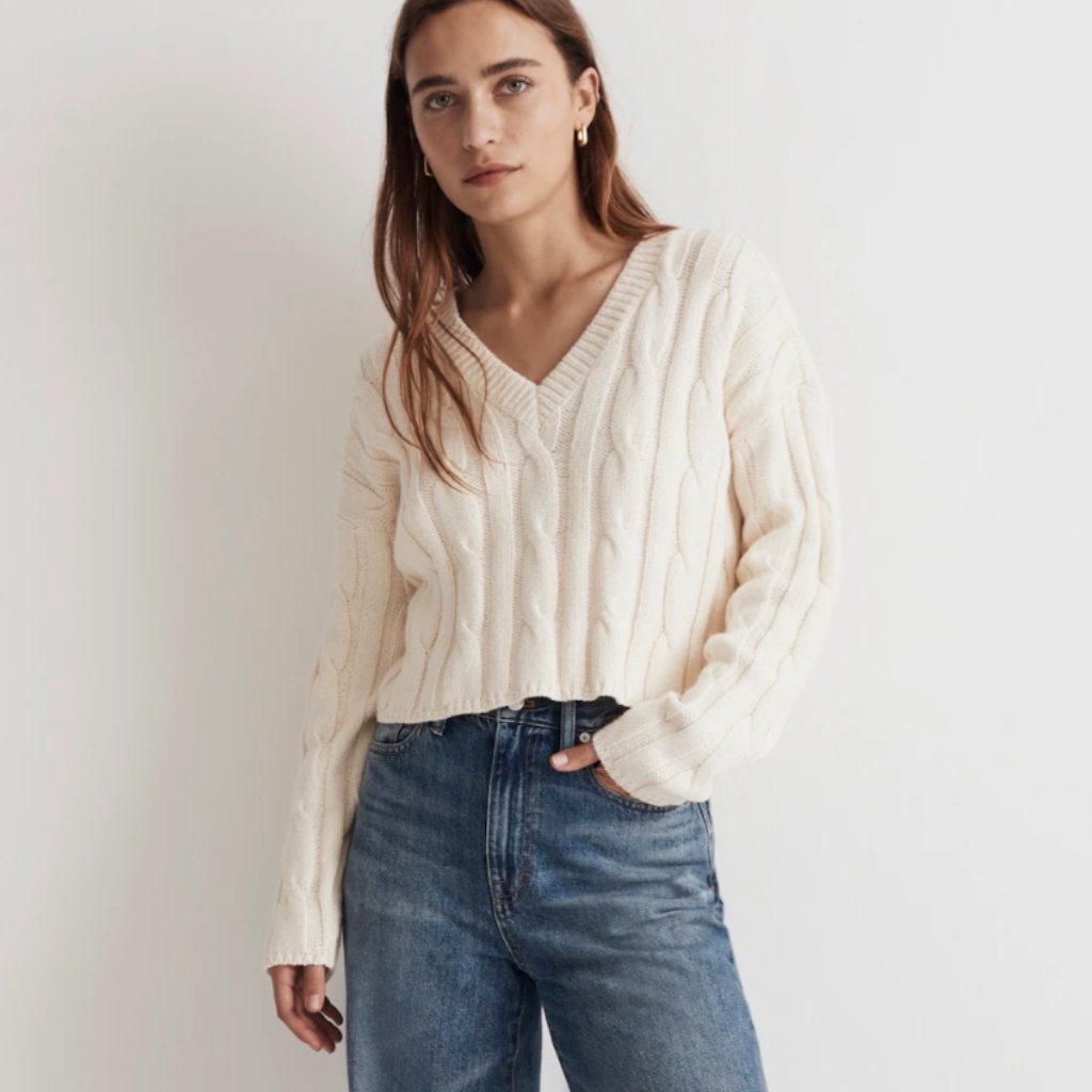 Madewell Antique Cream Cable-Knit V-Neck Lightweight Crop Sweater - Size - Large